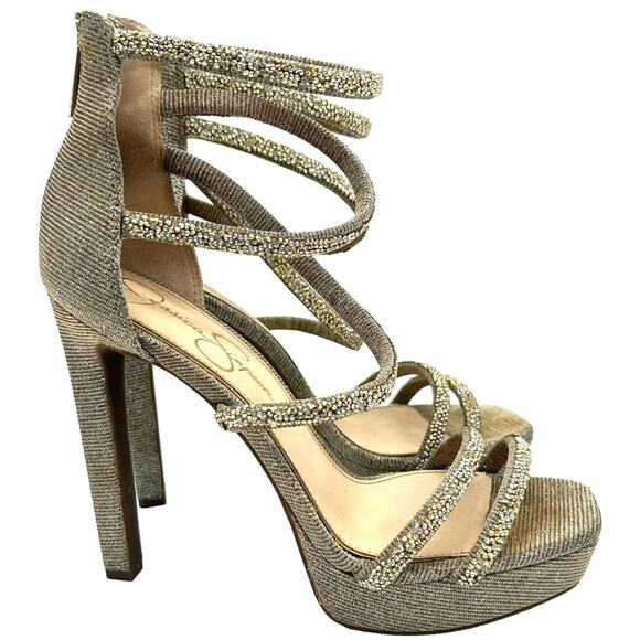 Jessica Simpson Beyonah Gold Platform Heels Size 8.5 Strappy Party Sexy Stiletto - Picture 1 of 13